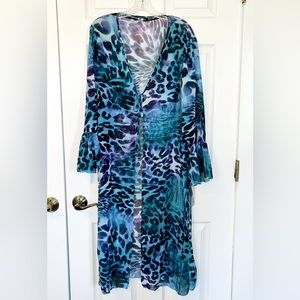 Beach Pool COVERUP ROBE  LEOPARD PRINT BLUE  SZ L XL NWT